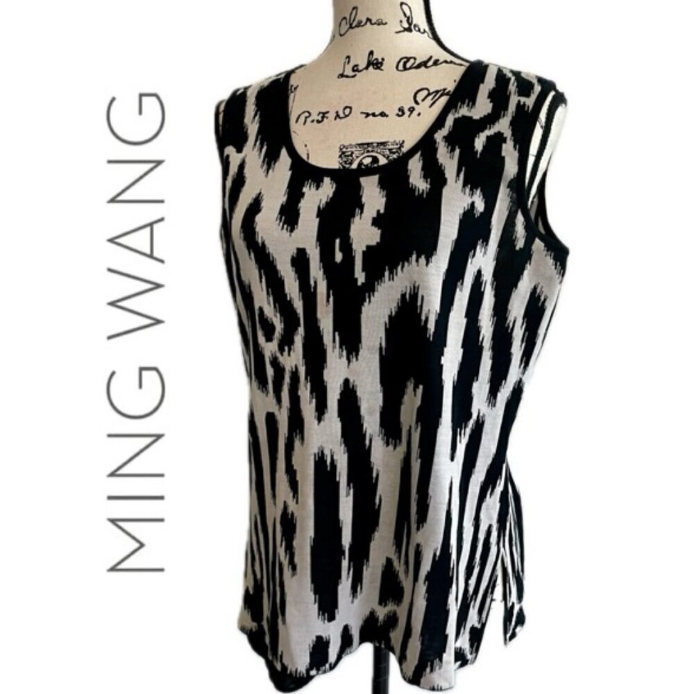 MING WANG BLOUSE KNIT ANIMAL PRINT MID LENGTH SCOOP‎ NECK Sz M BADDIE CORE